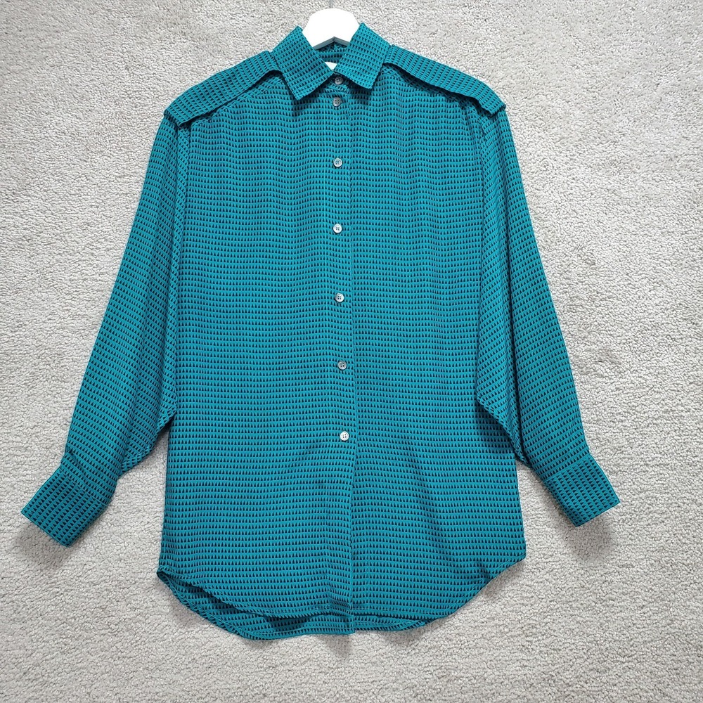Helene Sidel Shirt Womens 4 Green Geometric Silk Pleated Long Sleeve Button Up